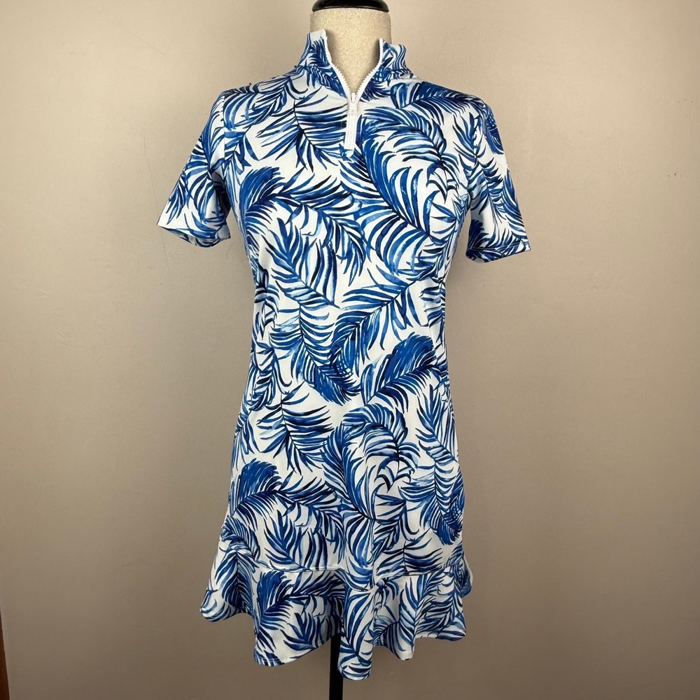 Tommy Bahama Golf Dress Womens XS Blue White Palm Print Ruffle Quarter Zip